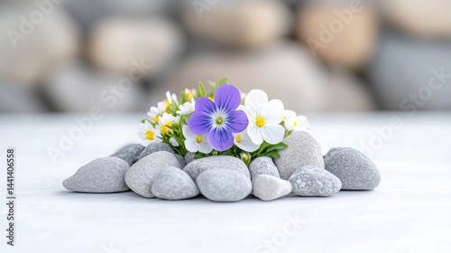 Small purple and white flowers blooming from a pile of smooth grey pebbles on a light surface with a blurred stone background.