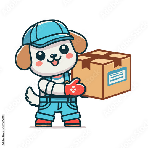 Happy Cartoon Dog Delivering a Package Wearing a Blue Uniform and Red Gloves