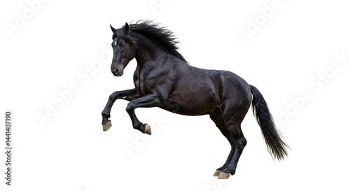 Magnificent black horse with a flowing mane and tail rearing up, full of energy and power, on a white background.