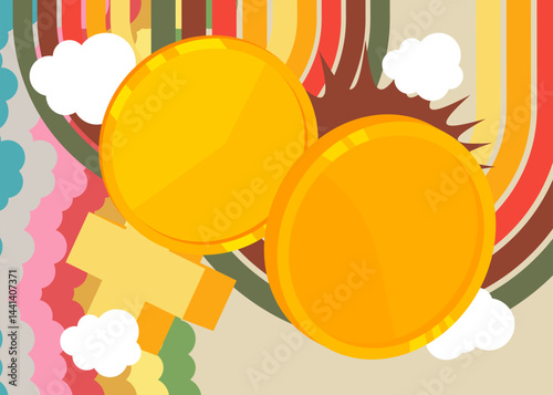 Retro 70s Background with Gold Coin. Groovy Gold 1970s art template. Minimalistic Vintage design poster. Old-fashioned color artwork.