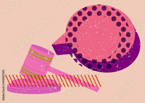 Risograph Gavel with speech bubble with geometric shapes. Objects in trendy riso graph print texture style design with geometry elements.