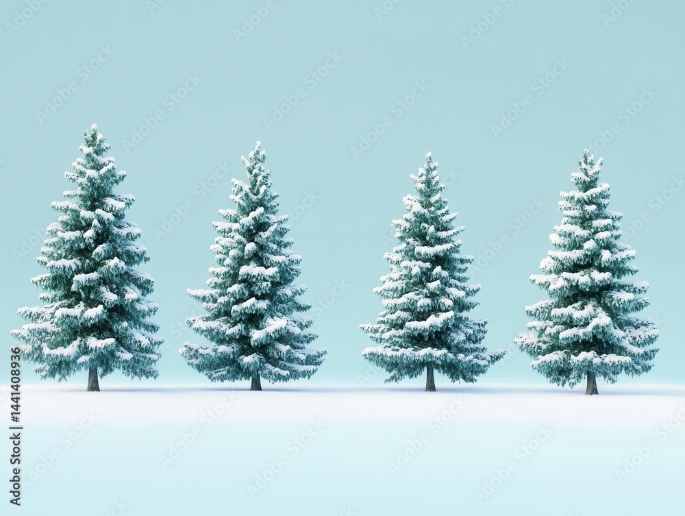 Obraz premium Serene Winter Scene Featuring Four Snow Covered Christmas Trees Against a Soft Blue Background Capturing the Holiday Spirit in a Minimalist Style with a Low Angle