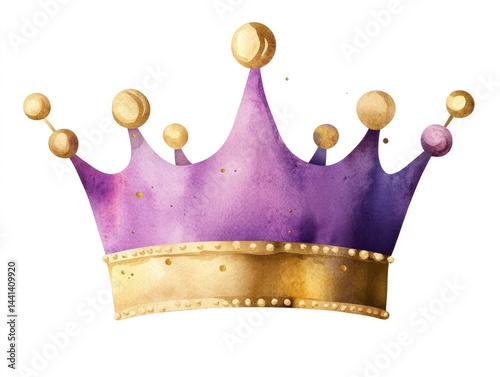 Watercolor crown illustration, purple and gold
