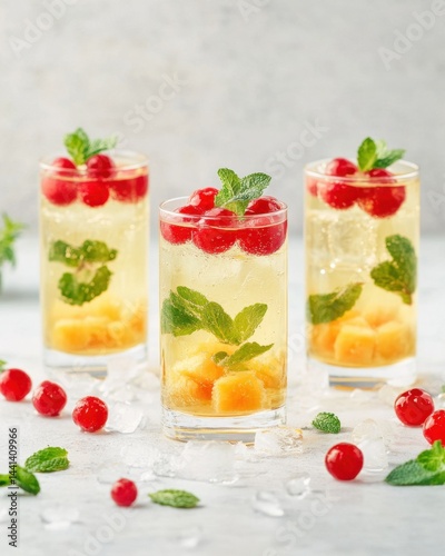Refreshing summer beverage with cherries and mint in tall glasses on a bright table setting perfect for a hot day showcasing fresh ingredients and a clean aesthetic