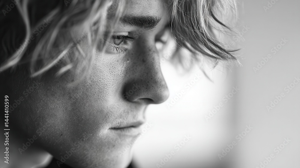 Obraz premium Close-up profile view of a pensive young person.