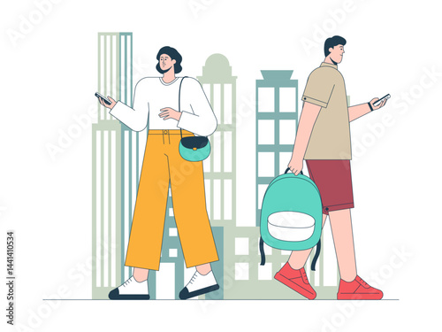 People are playing with their cellphones. Commuter illustration. Flat vector illustration concept.
