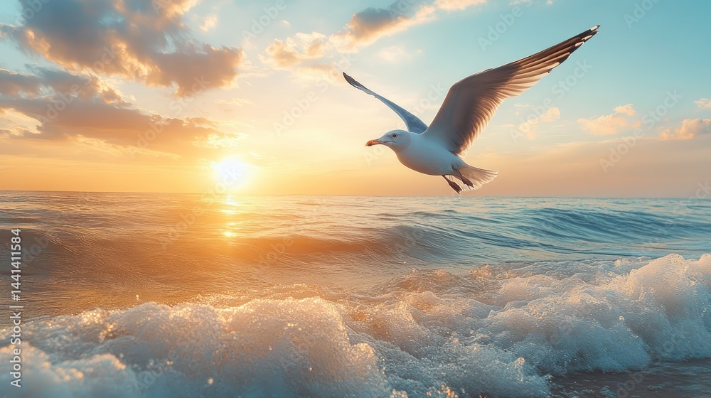 Fototapeta premium Seagull Sunset Flight Ocean Waves.