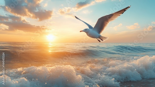 Seagull Sunset Flight Ocean Waves.
