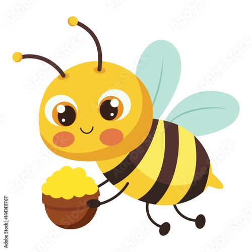 Cute Cartoon Bee with Honey Pot. Vector Illustration