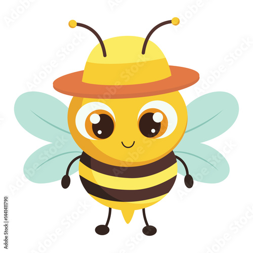 Cute cartoon bee in hat. Isolated vector illustration