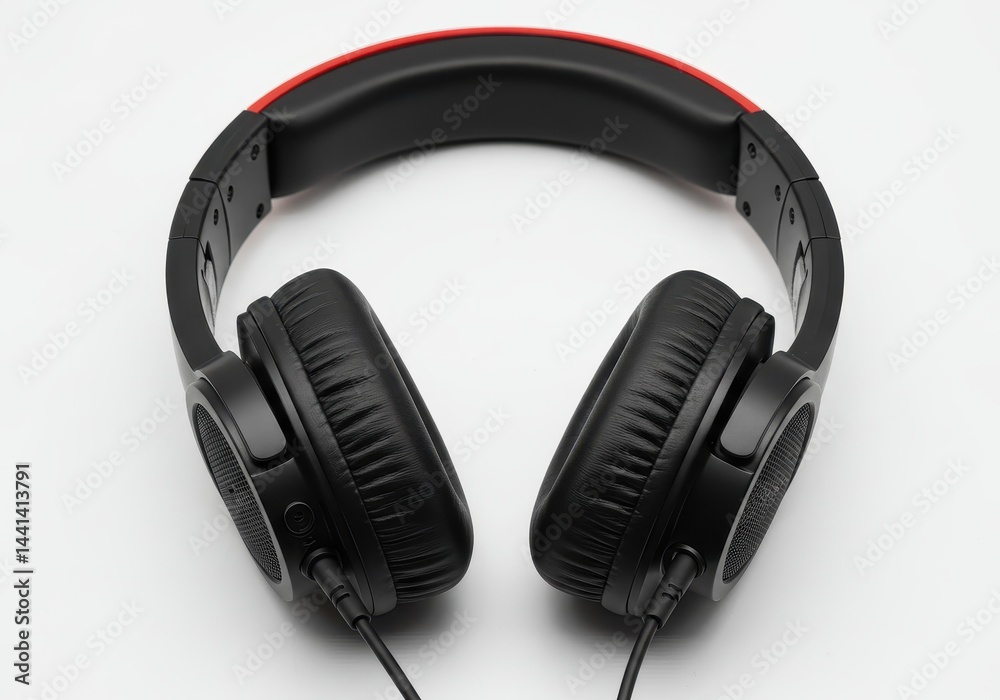 A front view of black and red over ear headphones with a white background in a studio setting A front view of black and red over ear headphones with a white background in a studio setting