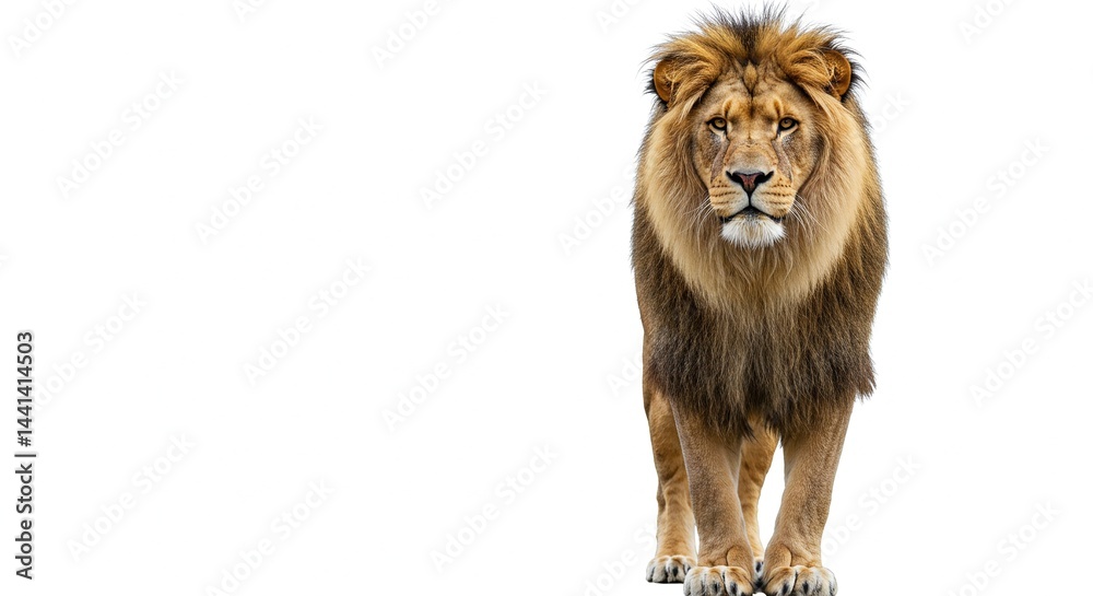 Obraz premium A majestic male lion with a full mane stands against a plain white background, looking directly at the viewer. Its fur is tan and brown.
