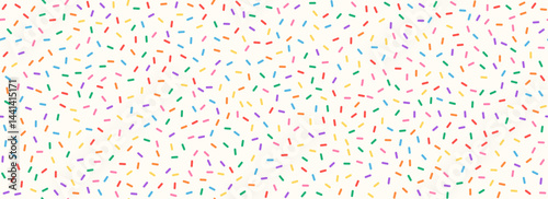 Cream donut sprinkles seamless pattern. Colorful sugar candy background. Cake glaze icing overlay for decorative banner, poster, template. Cupcake or ice cream topping texture. Vector wallpaper