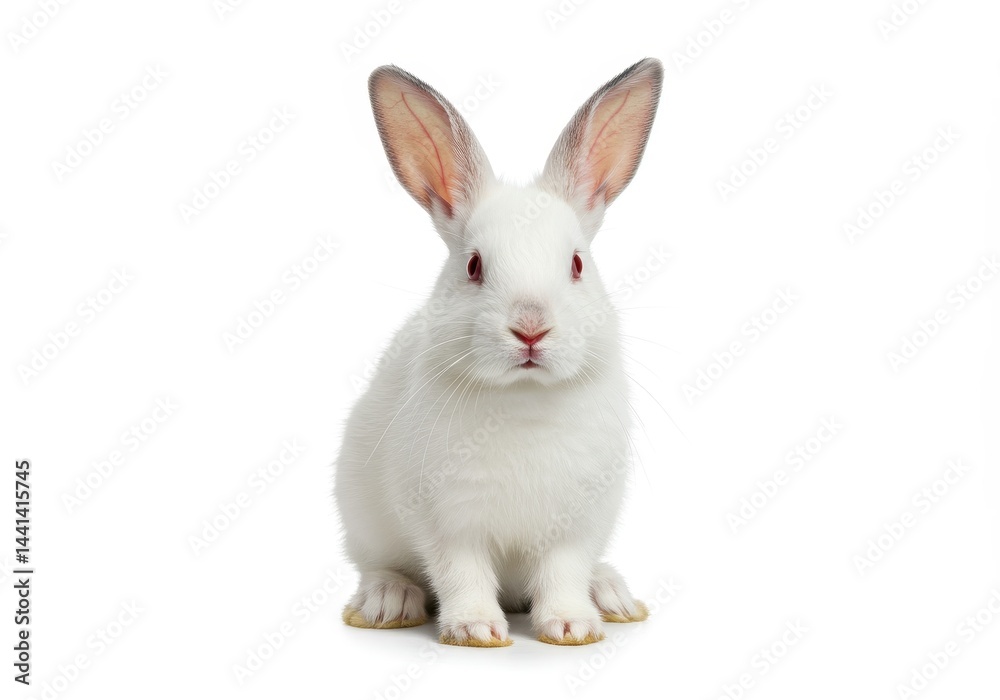 A white rabbit with red eyes sitting upright on a white background looking at the camera directly