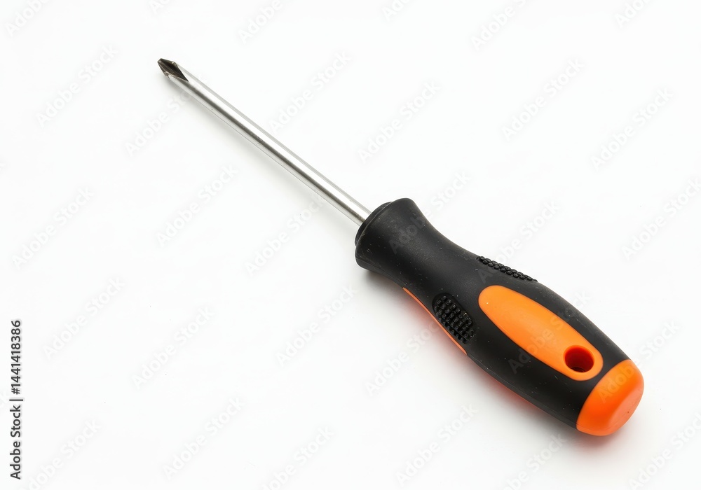 A close up shot of a flat head screwdriver with a black and orange handle on a white background A close up shot of a flat head screwdriver with a black and orange handle on a white background