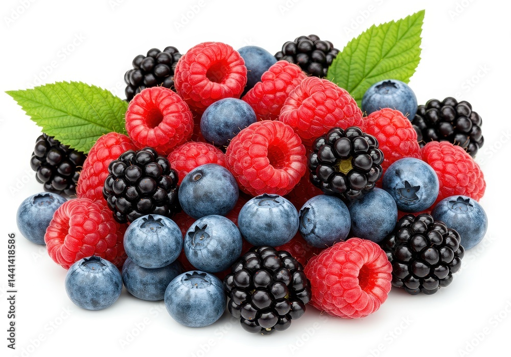 A close up of a pile of mixed berries including raspberries blueberries and blackberries on white background A close up of a pile of mixed berries including raspberries blueberries and blackberries on white background