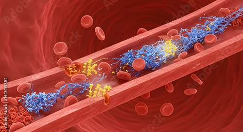 Microscopic View of Blood Clot Formation in a Damaged Blood Vessel: A Detailed 3D Illustration of Thrombosis