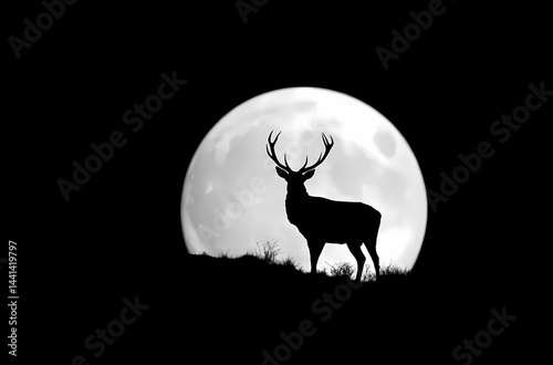 A black silhouette of a deer against the background of a full moon on a black background