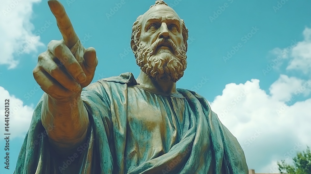 Obraz premium Bronze statue, pointing finger, sky background