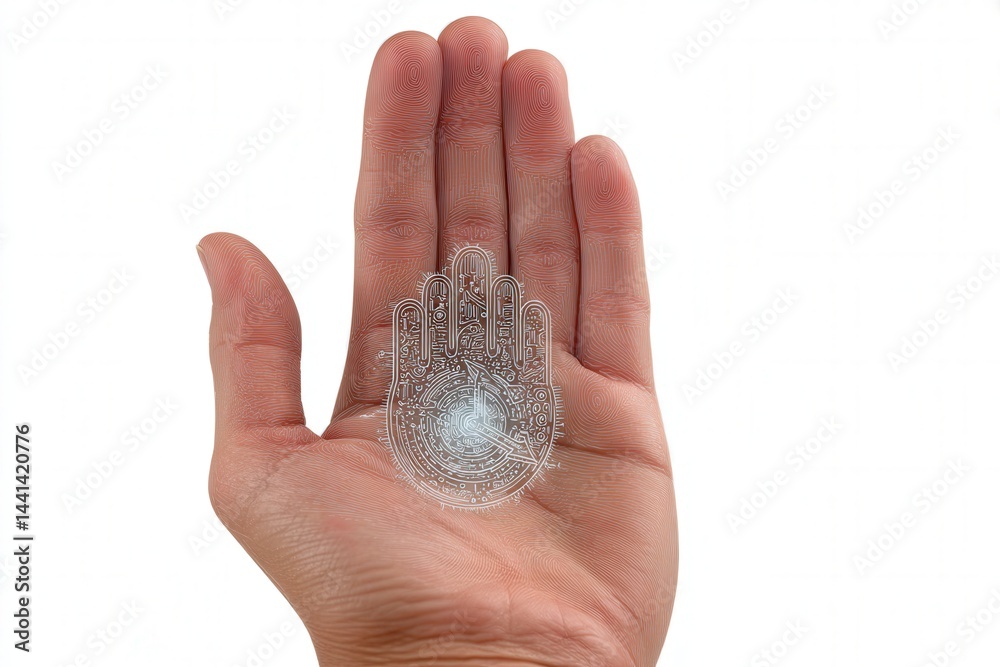Close-up of an open palm with a shining hologram symbol of growth and sales analytics above it, isolated on a white background, sleek digital vibe.