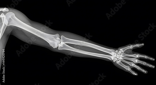 Detailed X-Ray Image of a Human Arm Showing Bones Structure from Shoulder to Fingers
