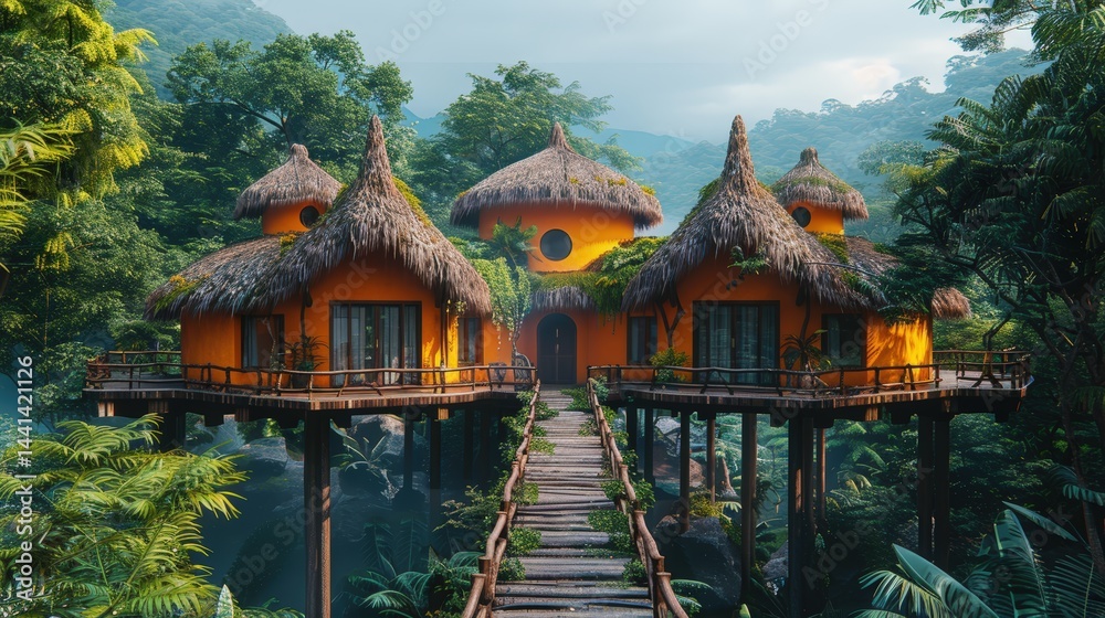 Fototapeta premium Enchanting tropical treehouse resort nestled within a lush jungle environment