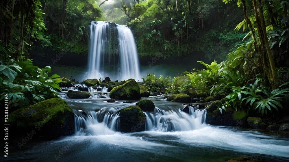 Majestic waterfall in lush jungle Majestic waterfall in lush jungle