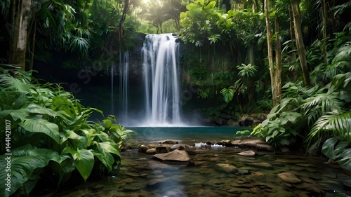 Majestic waterfall in lush jungle