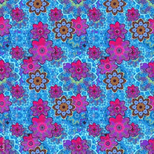 Flowers floating on water. Beautiful seamless pattern in ethnic style for silk scarf, shawl. Fabric print in blue and fuchsia tones.