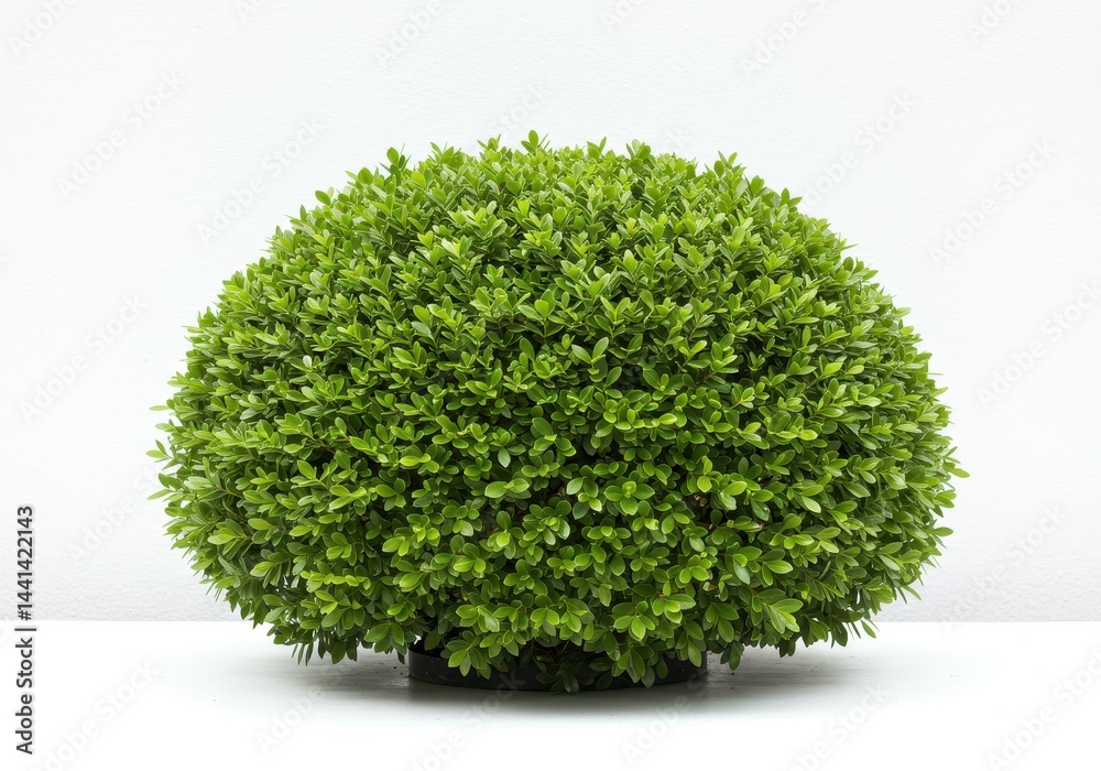 Fototapeta premium A small round green bush in a pot against a white background in a studio setting with soft lighting