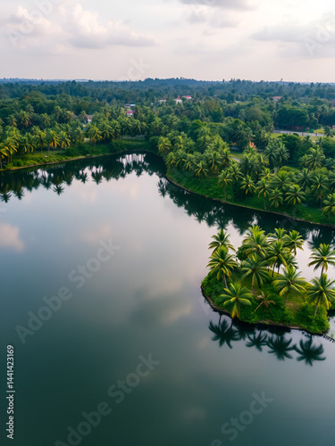 Aerial view of tropical lake with coconut trees, Kerala nature landscape drone footage