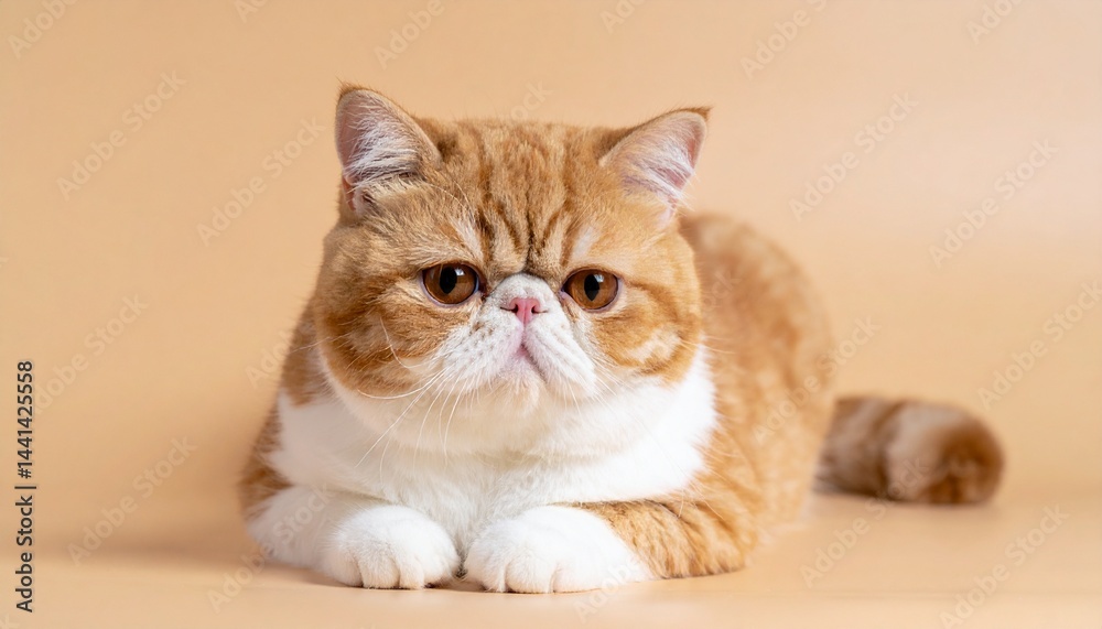 Obraz premium マットな背景で穏やかにリラックスするエキゾチックショートヘア。丸い顔と小さな耳が特徴的で、表情が魅力的なクローズアップ