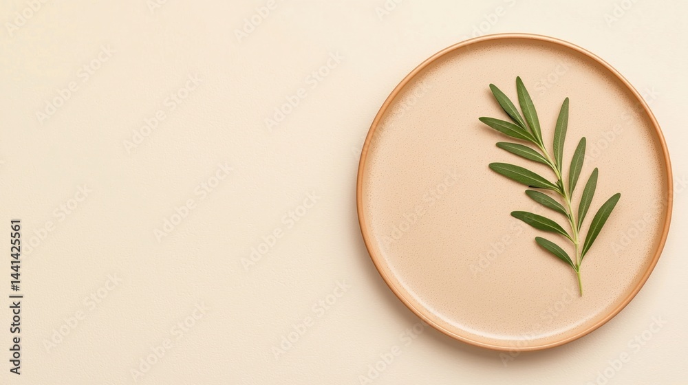 A single green leaf branch rests on a beige ceramic plate atop a light background, evoking simplicity and minimalism. A single green leaf branch rests on a beige ceramic plate atop a light background, evoking simplicity and minimalism.