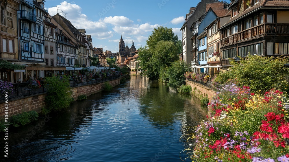 Naklejka premium Quaint European canal town under a clear sky.