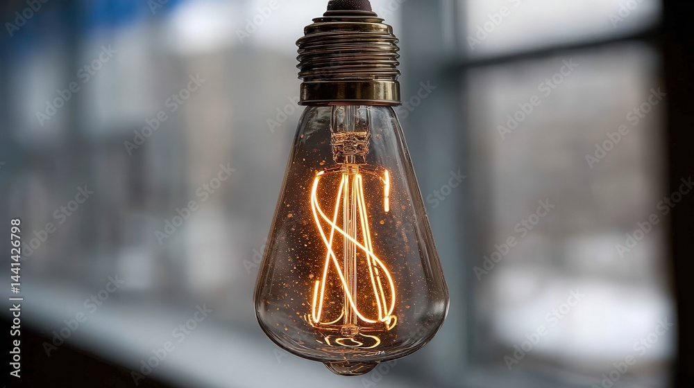Bright glowing bulb with dollar filament in stylish home office, Scandinavian minimalism and natural light symbolize energy saving and rising electricity costs.