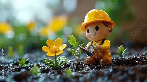 Figure Watering Flower Garden with Tiny Watering Can