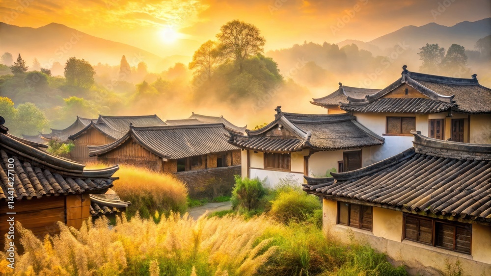 Obraz premium Golden Hour Serenity A Picturesque Village Nestled Amongst Rolling Hills and Misty Meadows at Sunrise