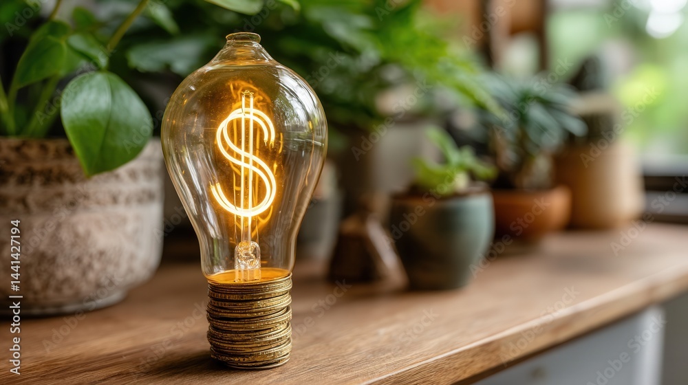 Bright glowing bulb with dollar filament in stylish home office, Scandinavian minimalism and natural light symbolize energy saving and rising electricity costs.