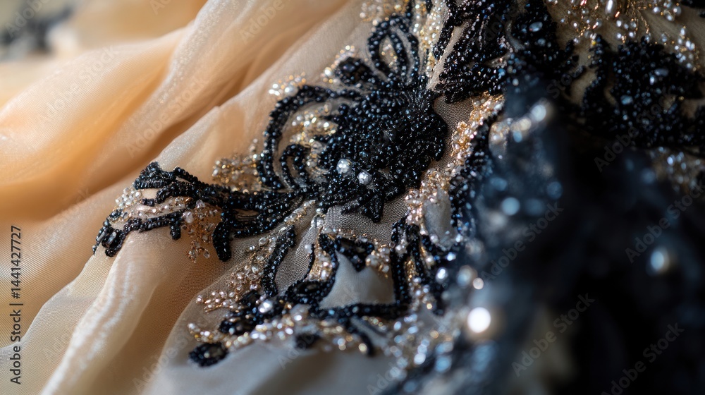 Obraz premium Elegant Beaded Gown Detail: Close-up of Exquisite Black and Gold Embroidery on a Luxurious Beige Fabric