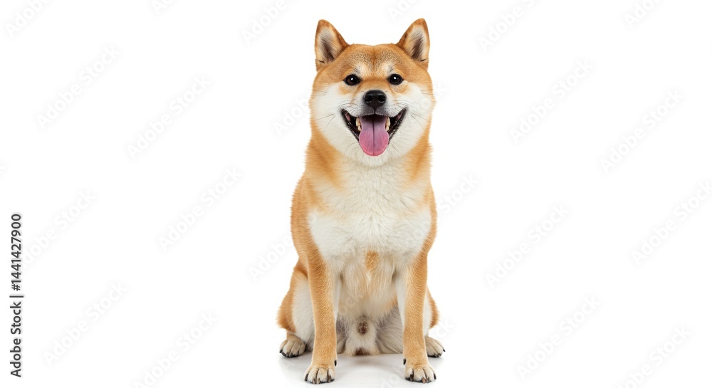 A Shiba Inu dog sitting with its tongue sticking out, captured in a studio setting with a bright white background showcasing its reddish-brown fur. A Shiba Inu dog sitting with its tongue sticking out, captured in a studio setting with a bright white background showcasing its reddish-brown fur.