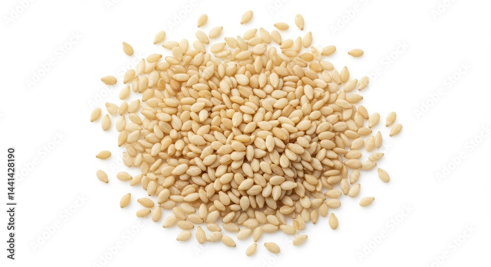 A pile of sesame seeds on a white background, small and beige, seen from a top down perspective