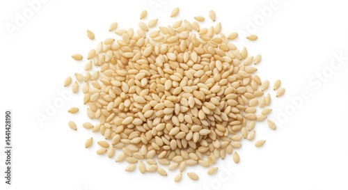 A pile of sesame seeds on a white background, small and beige, seen from a top down perspective