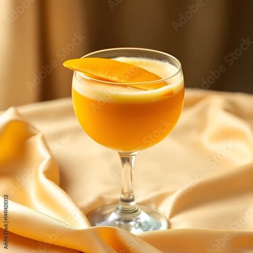 Elegant dessert drink: Two-toned yellow beverage in a stemmed glass with a mango slice on a draped surface.