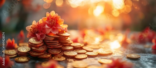 Golden Coins, Blossoms, Prosperity Background