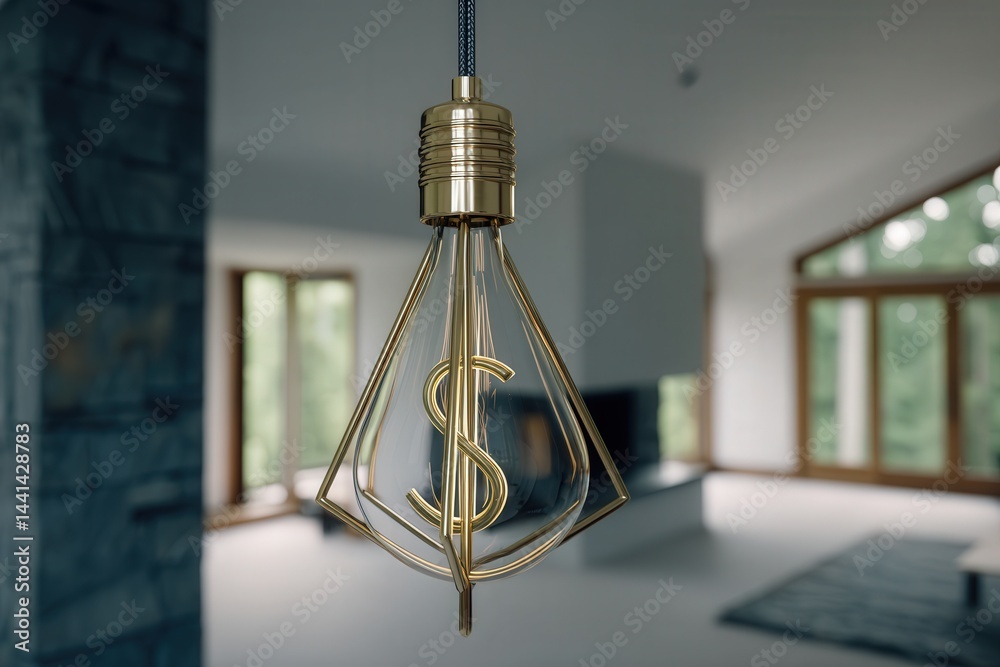 Bright glowing bulb with dollar filament in stylish home office, Scandinavian minimalism and natural light symbolize energy saving and rising electricity costs.
