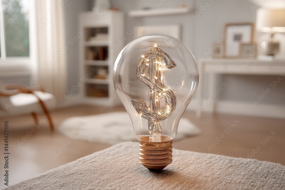 Bright glowing bulb with dollar filament in stylish home office, Scandinavian minimalism and natural light symbolize energy saving and rising electricity costs.