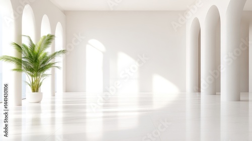 Sun-drenched minimalist hall with arched windows