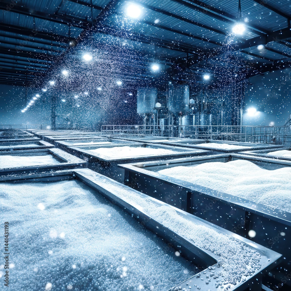 Inside a modern sugar refinery with clean stainless steel machines, sugar crystals flying in the air under glowing light, showcasing an industrial but sterile environment.