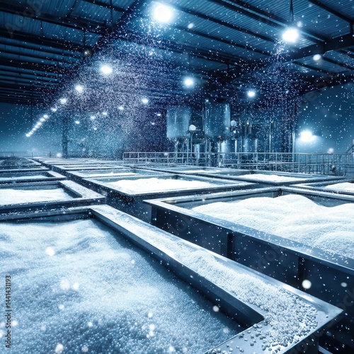 Obraz na płótnie Inside a modern sugar refinery with clean stainless steel machines, sugar crystals flying in the air under glowing light, showcasing an industrial but sterile environment. w salonie