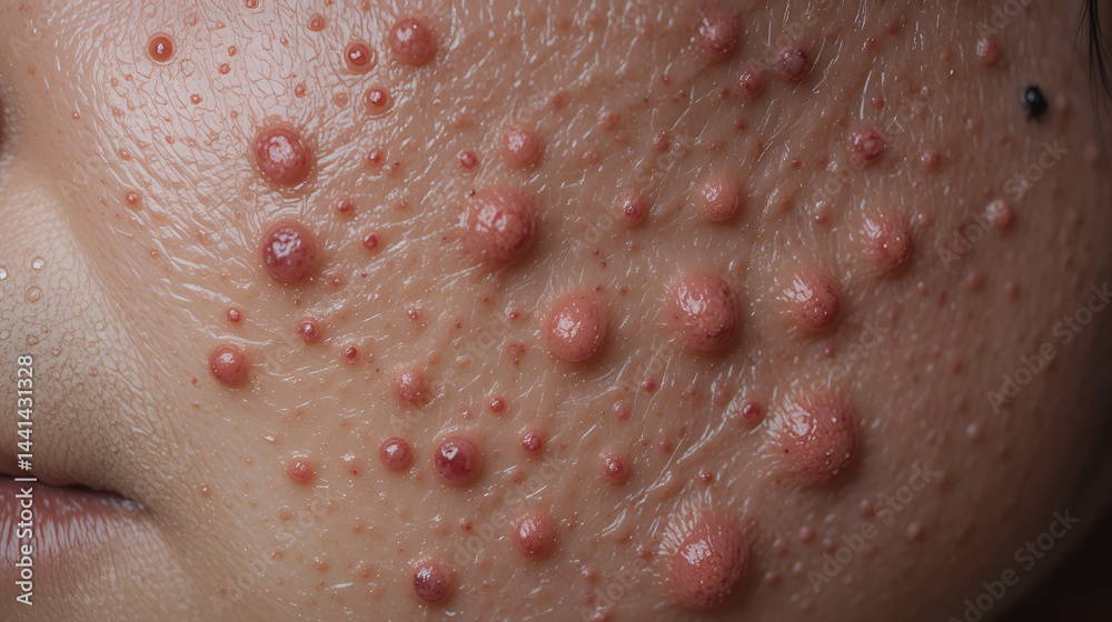 Fototapeta premium Close-up of severe acne with inflamed papules and pustules on oily skin, showing redness, swelling, and textured pores